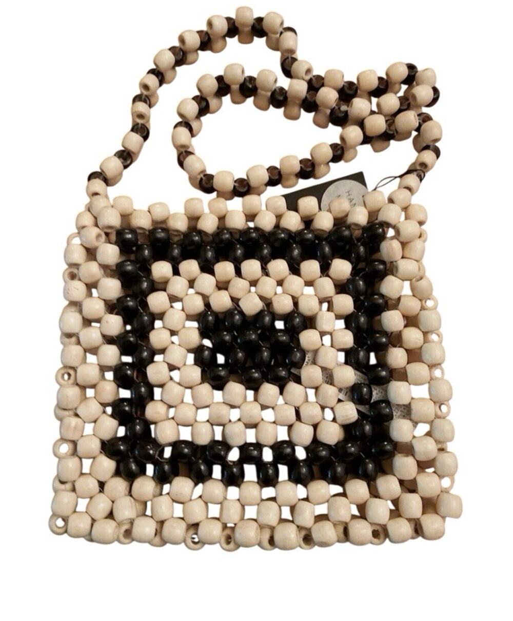 ZARA WOOD BEADED CROSSBODY BAG BLACK WHITE HANDMADE BOHO PURSE 12X10